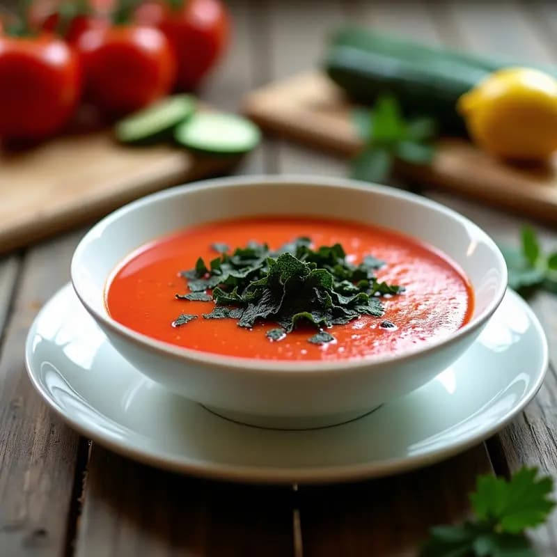 Gazpacho Picón Vegano: Receta Fresca con Algas Nori y Tofu en 10 Minutos