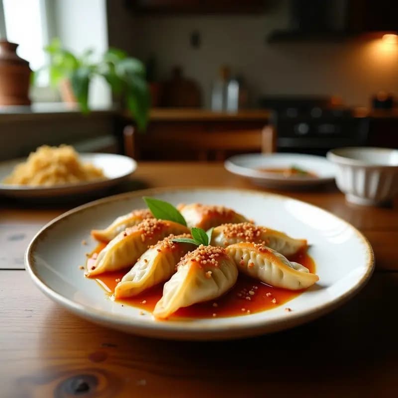 Plato blanco con gyozas de cerdo y repollo doradas por abajo, dispuestas en círculo con salsa de sésamo espesa y semillas de sésamo negro y blanco espolvoreadas. Acompañadas de rodajas de pepino y un cuenco pequeño con más salsa.