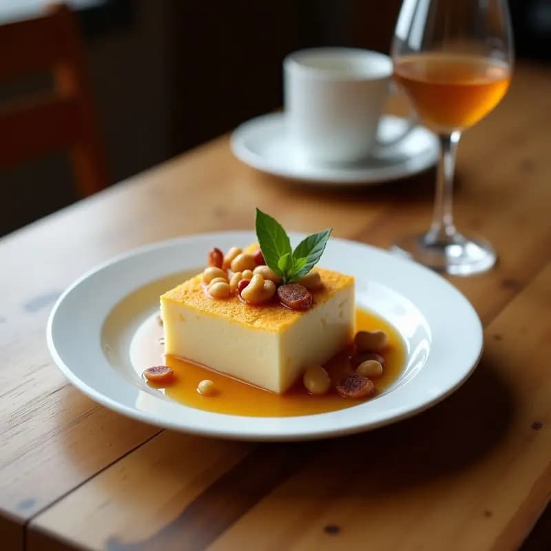 Halva de tahini y semillas de chía con miel de agave cortada en porciones rectangulares, decorada con pistachos picados, sobre un plato de cerámica blanca con detalles dorados, estilo mediterráneo oriental.