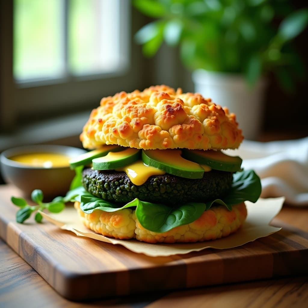 Hamburguesa de Espirulina y Lentejas Beluga con Pan de Coliflor: Receta Vegana Keto