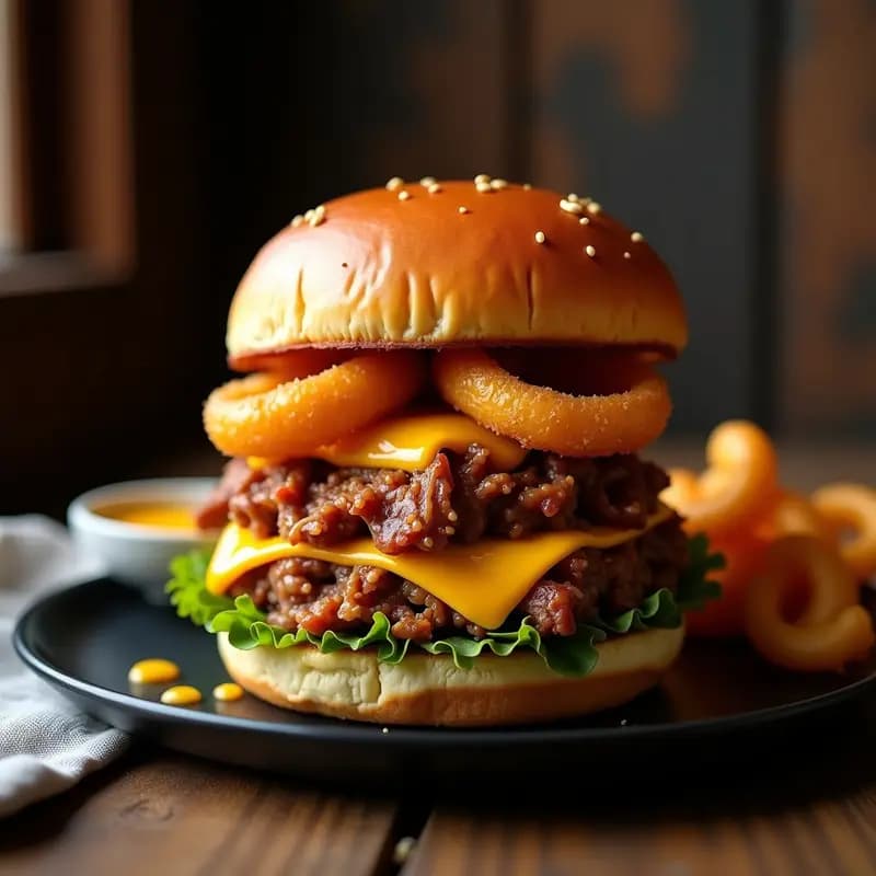 Hamburguesa de Pulled Pork con Anillos de Cebolla Fritos y Salsa de Miel Mostaza