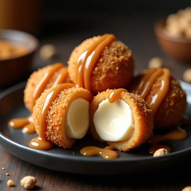 Helado Frito con Mantequilla de Cacahuete y Salsa de Caramelo Salado: Postre Crujiente y Adictivo