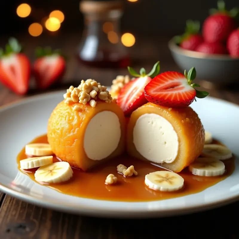 Helado Frito en Tempura con Toppings de Frutas y Sirope de Caramelo: Postre Japonés Ultra Crujiente