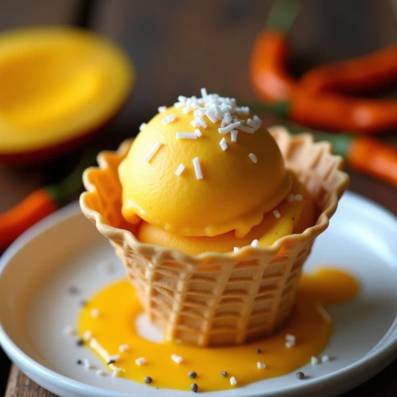 Helado de Mango y Chile de Árbol con Cobertura de Ají Amarillo: Postre Peruano Picante