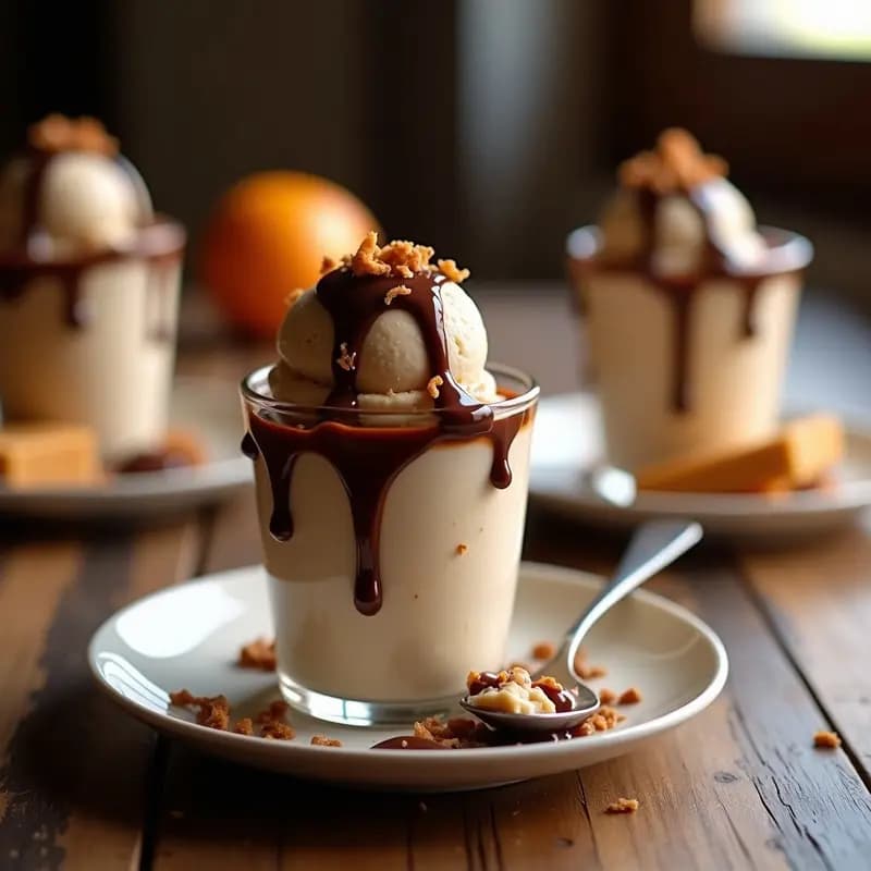 Helado de Turrón de Jijona con Salsa de Chocolate Caliente y Virutas de Almendra: Postre Navidad en Verano