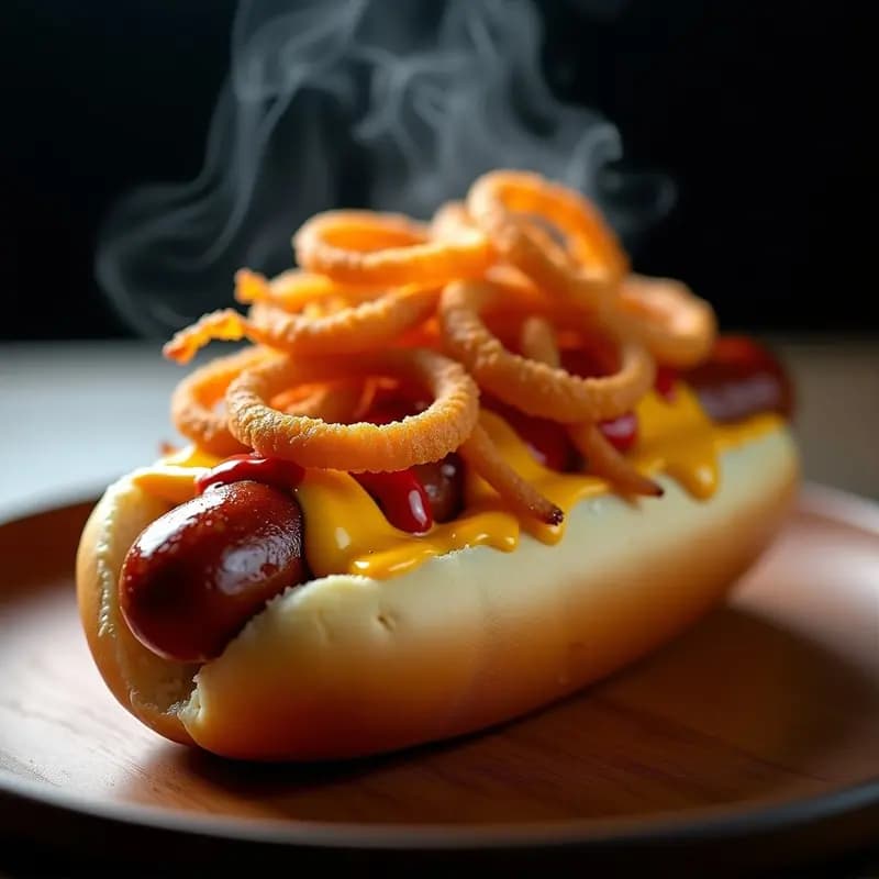 Hot Dogs con Pan de Brioche, Queso Fundido y Crujiente de Cebolla Frita: Receta que Eleva el Perro Caliente a Otro Nivel