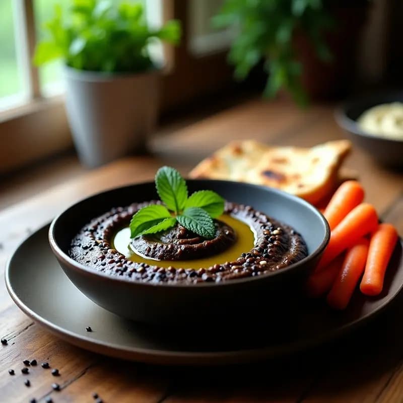 Hummus de Lentejas Beluga y Tahini de Sésamo Negro: Dip Árabe Gourmet