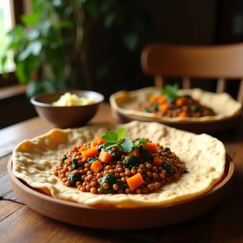 Injera Etíope con Wat de Lentejas y Verduras: Receta Vegana y Fermentada Naturalmente