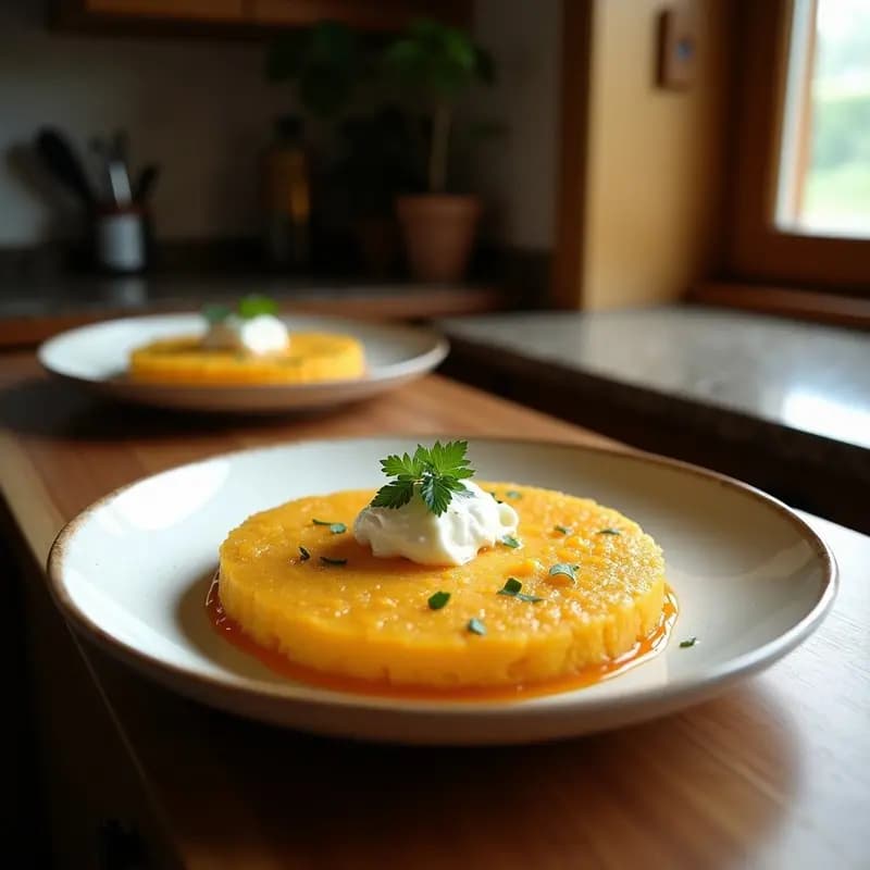 Knafeh sirio de calabaza y ricotta baja en lactosa, con capas doradas de filo crujiente, relleno cremoso de color naranja y almíbar de dátiles brillantes. Decorado con pistachos picados y servido en platos blancos rústicos.