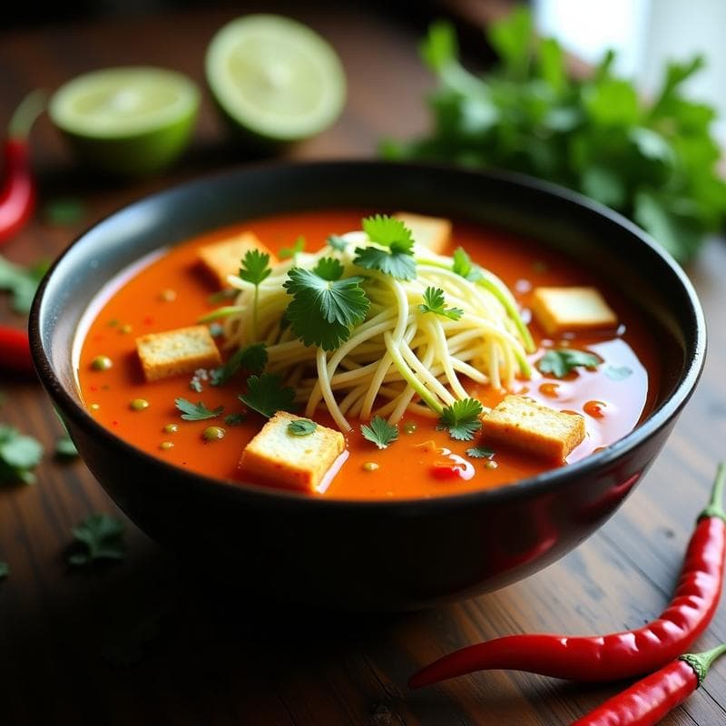 Laksa de Calabacín y Tofu: Sopa Malasia Vegana y Picante en Olla Exprés
