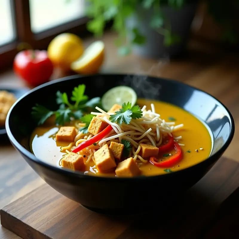 Laksa de Fideos de Lentejas y Tofu con Curri Verde: Receta Malasia Vegana y Alta en Fibra