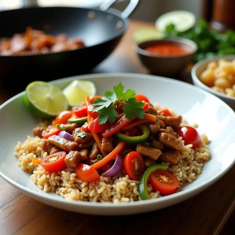 Lomo Saltado de Seitán con Arroz Integral y Vegetales: Receta Peruana Vegana en Wok Rápida y Sabrosa