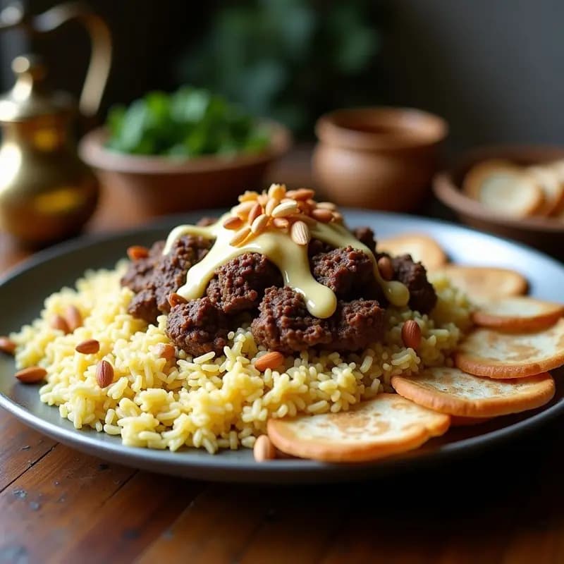 Mansaf Jordano con Cordero y Arroz sobre Pan Árabe: Plato Nacional de Jordania