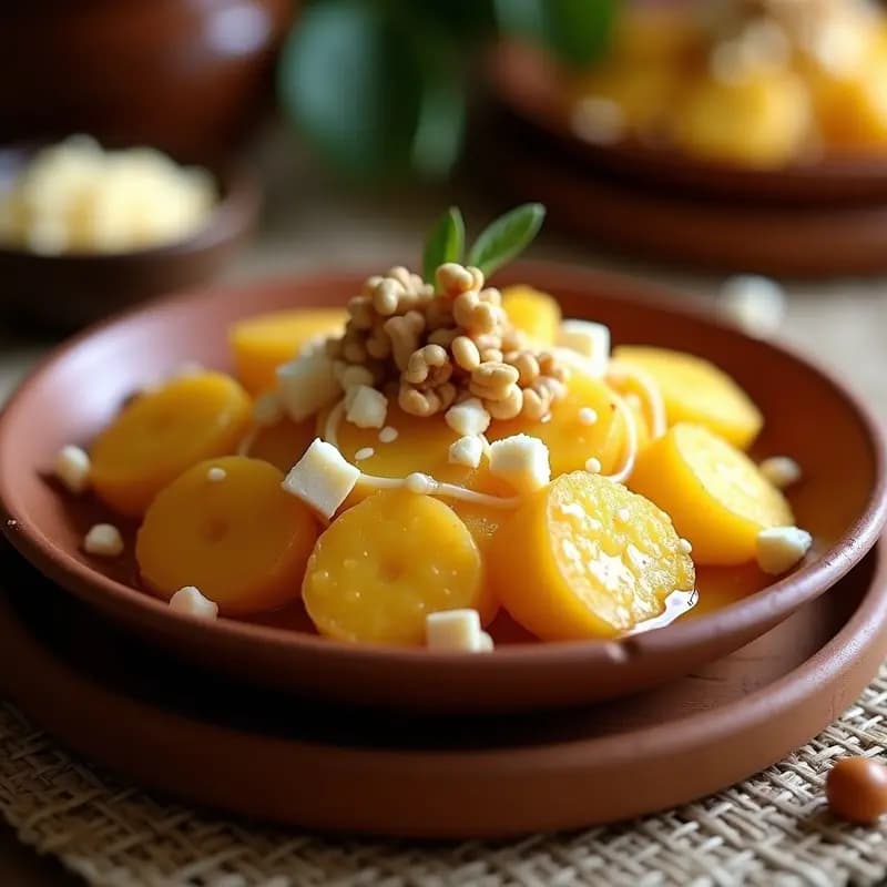 Mochika Peruana de plátano macho y queso fresco, postre andino sin harina, doradas por fuera y cremosas por dentro, servidas en un plato de barro con coco rallado y canela espolvoreada.