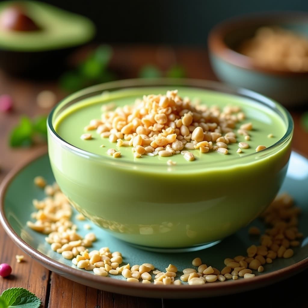 Mousse de Aguacate y Matcha con Crujiente de Semillas de Cáñamo: Postreópico Vegano Sin Azúcar
