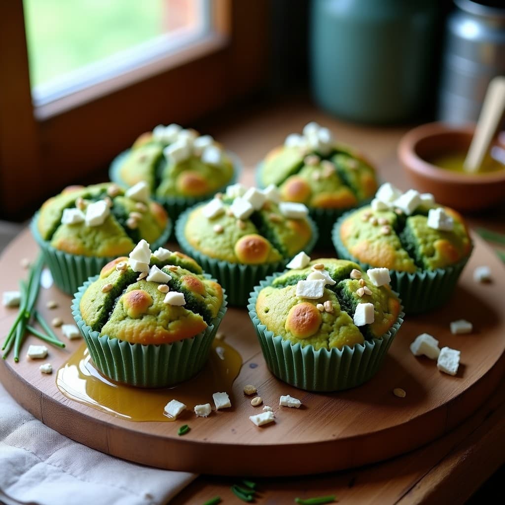 Muffins de Espirulina y Queso Feta con Aceite de Oliva Virgen Extra: Desayunoprovegano Alto en Hierro