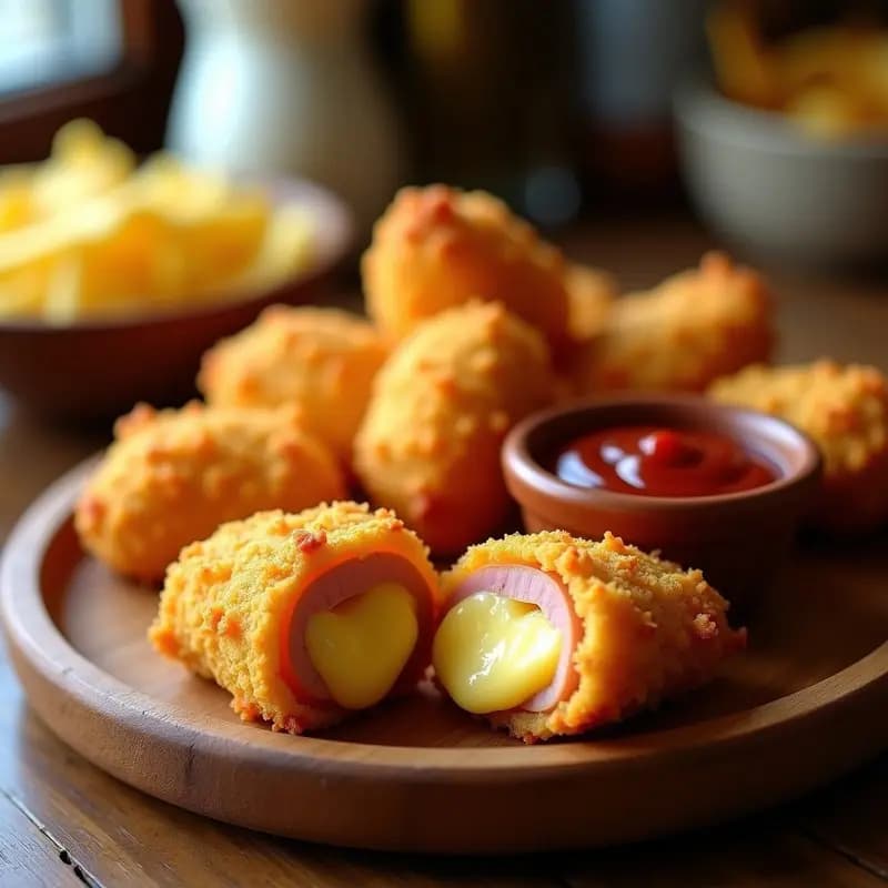 Nuggets de Pollo Rellenos de Queso Gouda y Jamón York, Empanizados con Patatas Fritas Trituradas