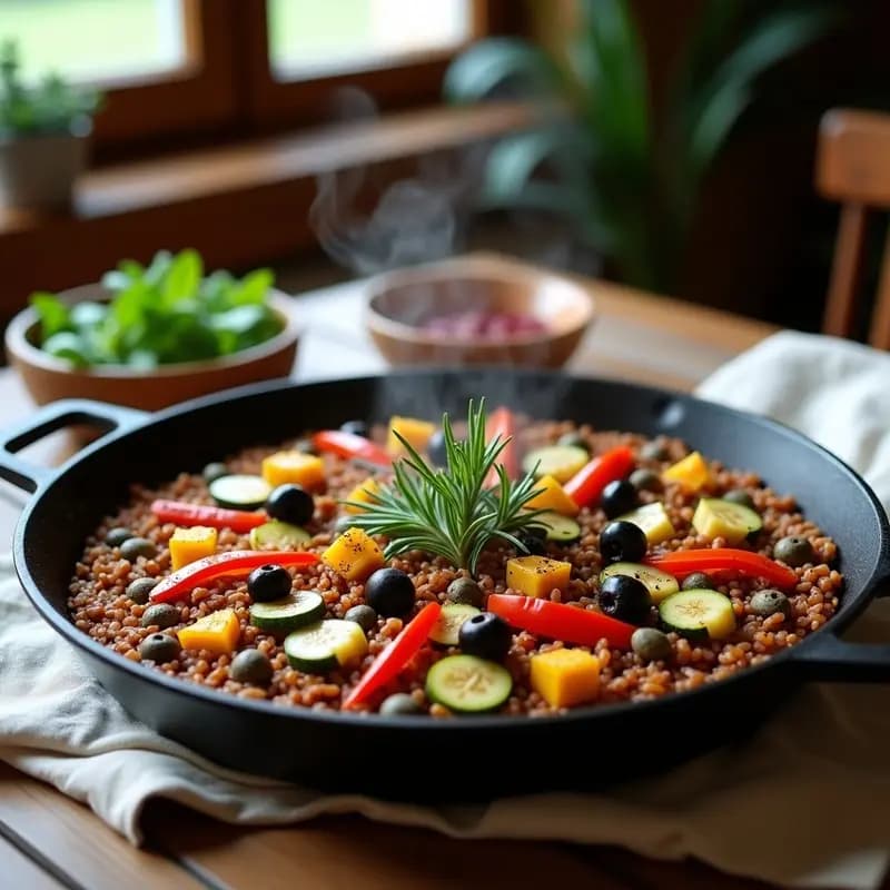 Paella de Algarrroba y Verduras: Receta Española Vegana con Toque Umami en 30 Minutos