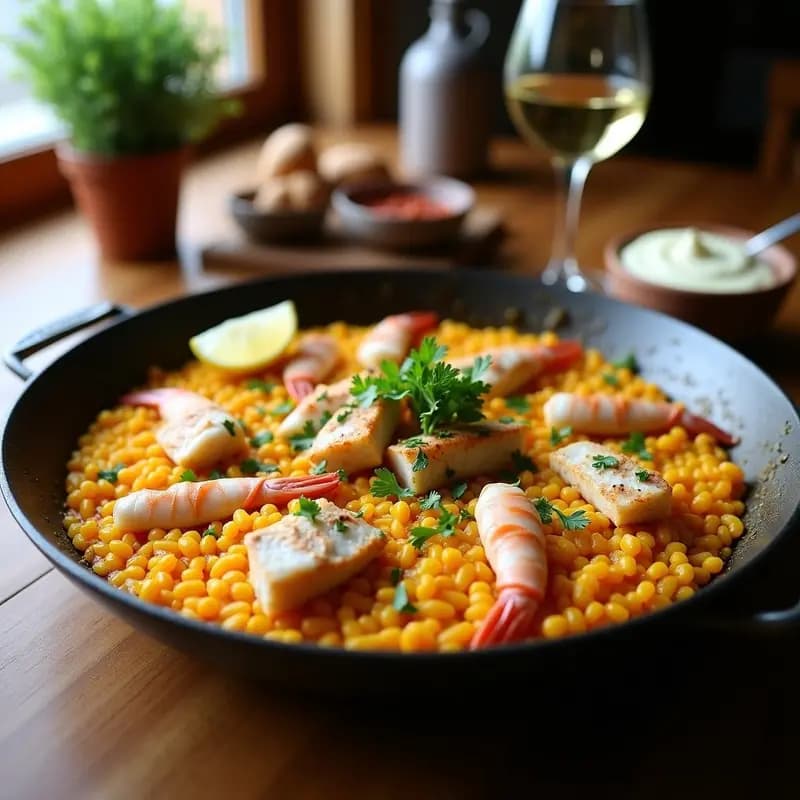 Paella de Pescado y Azafrán: Receta Española Costera en Sartén de Acero