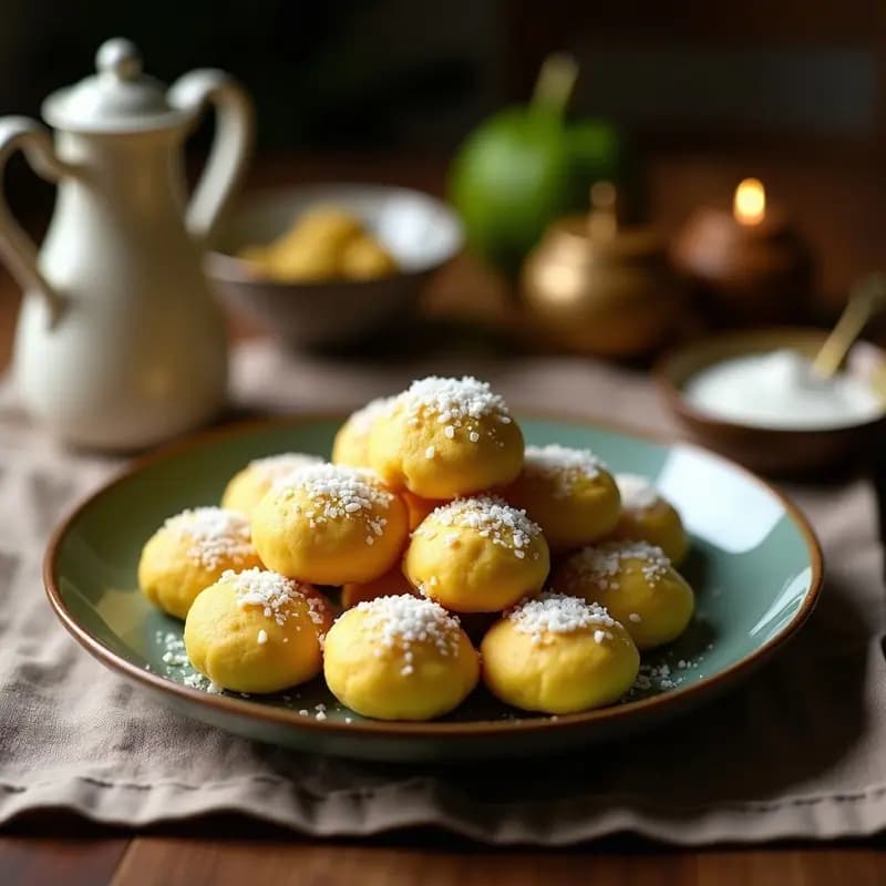 Bandeja de madera con panellets de pistacho y coco catalanes, bolitas doradas cubiertas de coco rallado y decoradas con pistachos enteros, sobre fondo rústico.