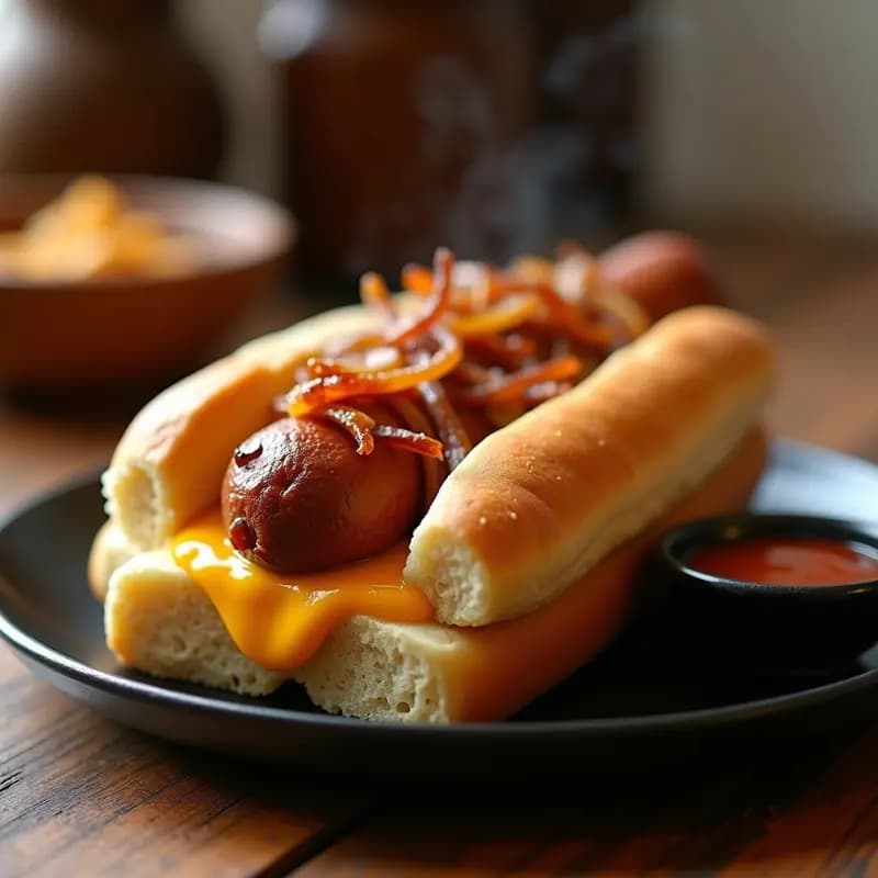 Perrito Caliente Gigante con Queso Cheddar Derretido y Cebolla Caramelizada: Comida Reconfortante en 15 Minutos