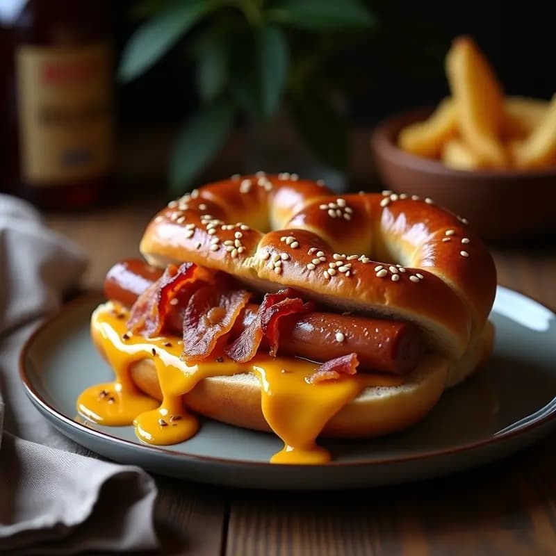 Perrito Caliente de Pretzel con Queso Azul, Bacon Crujiente y Miel: Combinación Alemana Dulce-Salada que Adicta