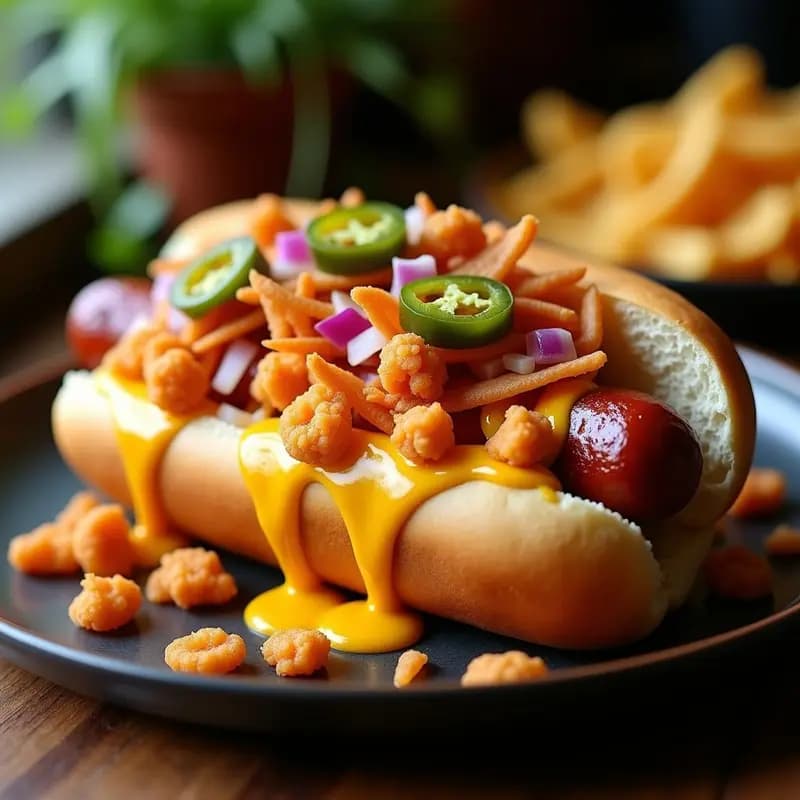 Perro Caliente Extreme con Chicharrones y Salsa de Queso Nacho: Cheat Meal para Días de Indulgencia