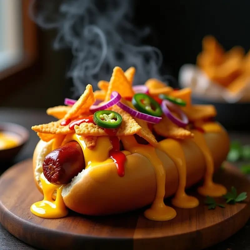 Perro Caliente Volcán con Lava de Queso Cheddar y nachos fritos: Receta para Derretirte