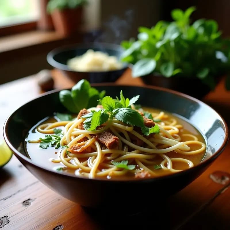 Pho Bo Vegano con Seitan y Hierbas Vietnamitas: Sopa de Fideos Aromática y Reconfortante