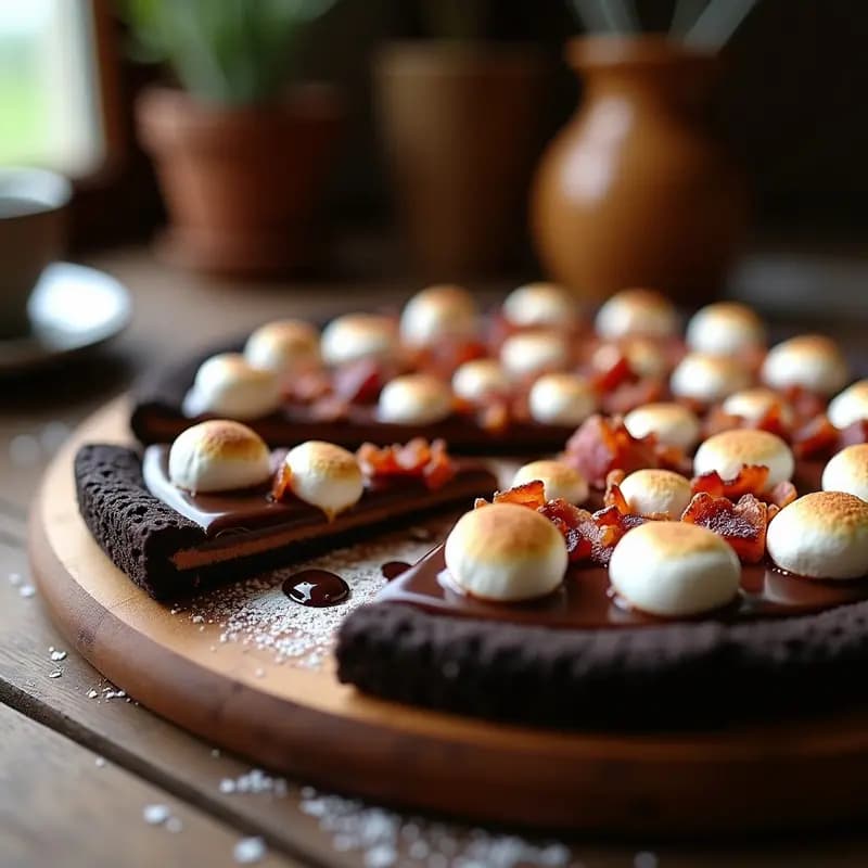 Pizza de Chocolate con Base de Galleta Oreo y Toppings de Marshmallows y Bacon