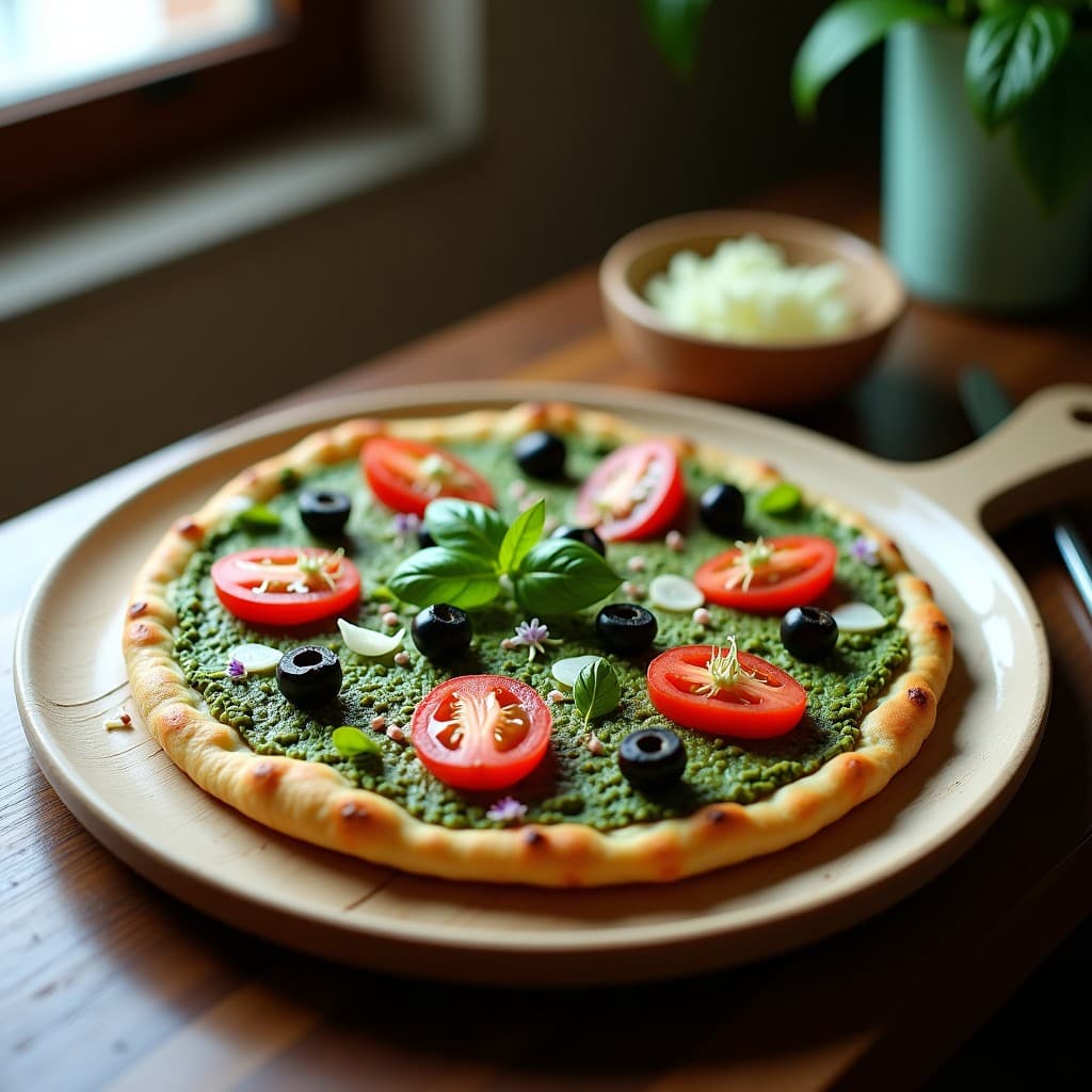 Pizza de Coliflor y Espirulina con Pesto de Albahaca y Tomates Cherry: Receta Crudivegana