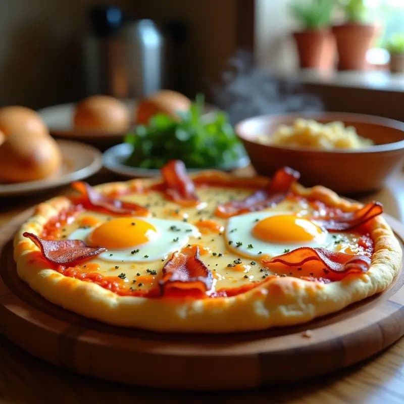 Pizza de Desayuno: Base de Bizcocho, Queso Mozzarella, Huevos Fritos y Tocino Crujiente