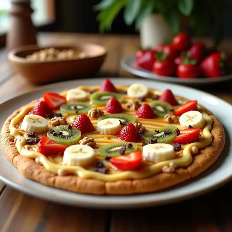 Pizza de Postre con Salsa de Caramelo, Queso Crema y Frutas: Dulce Tentación para Cenar