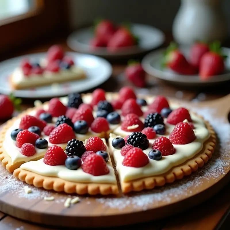Pizza de Postre con Base de Galletas Maria Queso Mascarpone y Frutos Rojos: Receta Italiana Dulce