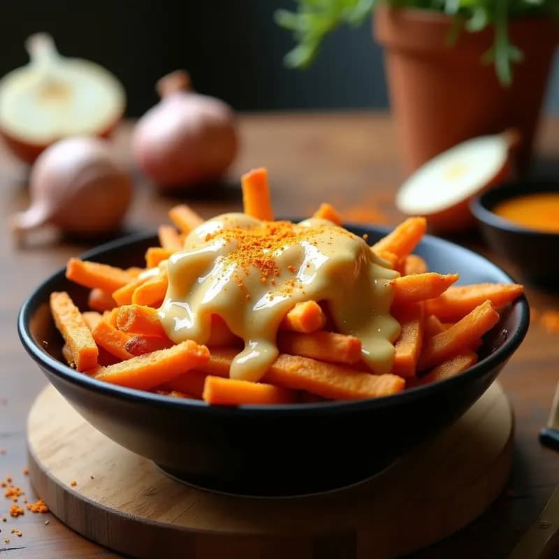 Poutine Canadiense de Batata y Queso Vegano: Receta Sin Lactosa y Baja en Grasas