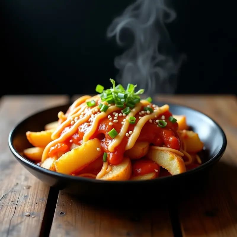 Poutine Coreana con Kimchi y Queso Vegano: Fusión de Sabores Picantes y Cremosos