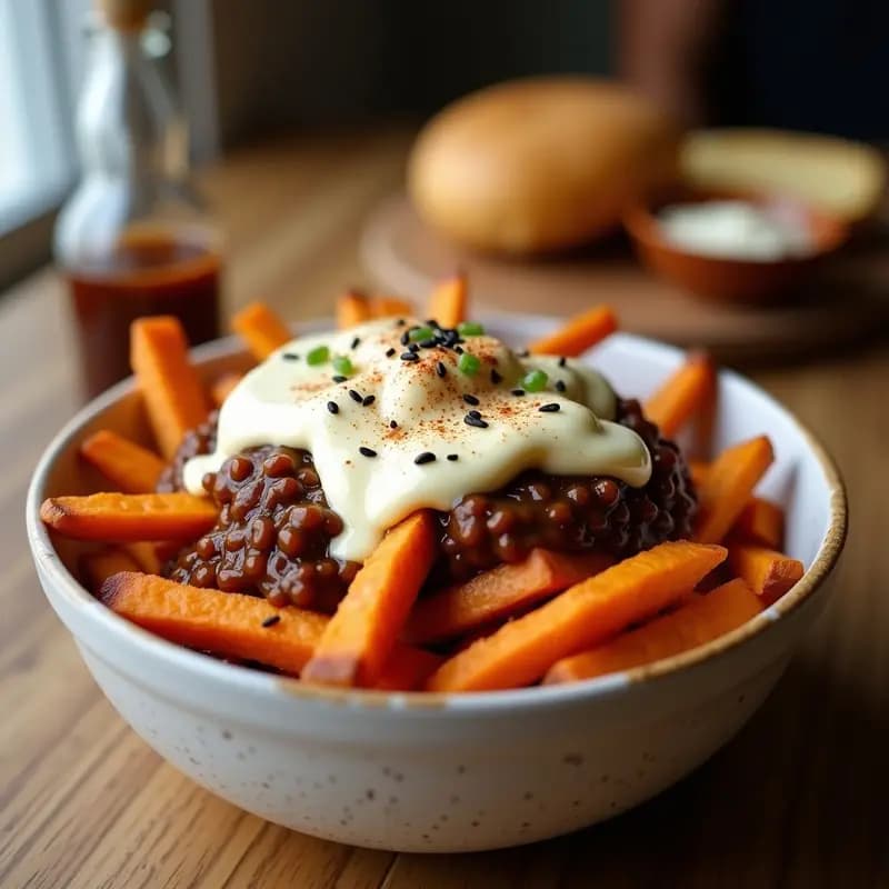 Poutine de Patata Dulce y Queso Vegano: Receta Canadá Vegana y Crujiente en Airfryer