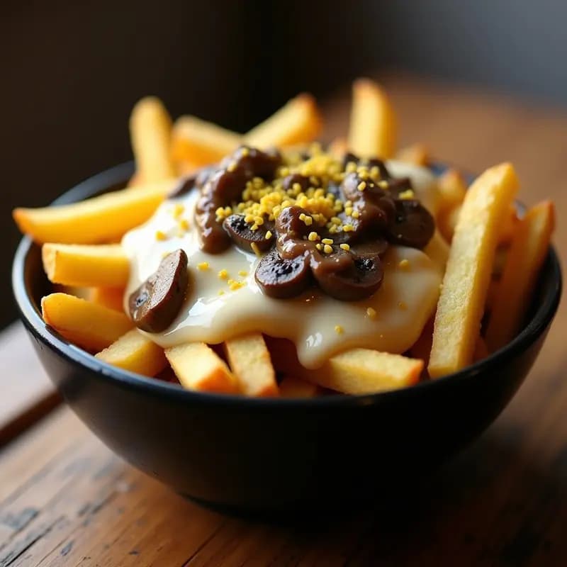 Poutine Vegana: Patatas Fritas con Queso de Anacardos y Salsa de Champiñones