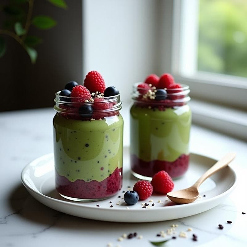 Pudín de Chía y Té Matcha con Frutos Rojos: Desayuno Vegano y Antioxidadte Overnight