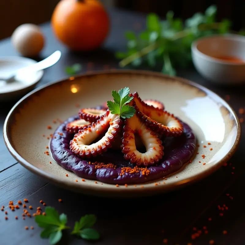 Pulpo a la Brasa con Puré de Patatas Negras: Receta Canaria Gourmet