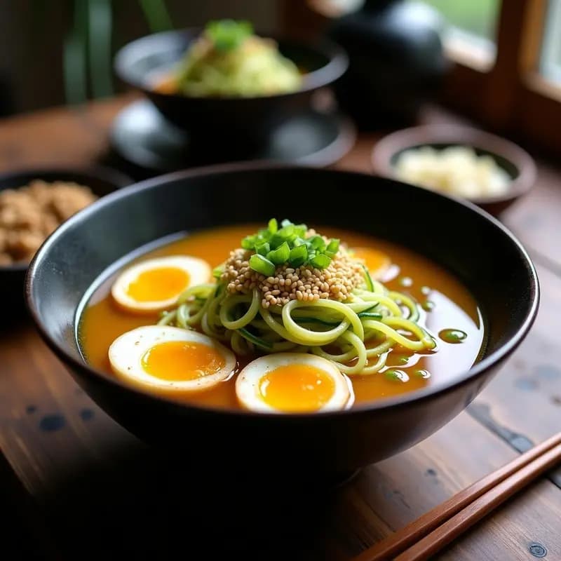 Ramen de Miso con Espirales de Calabacín y Huevos de Lino: Receta Japonesa Vegana y Sin Fideos
