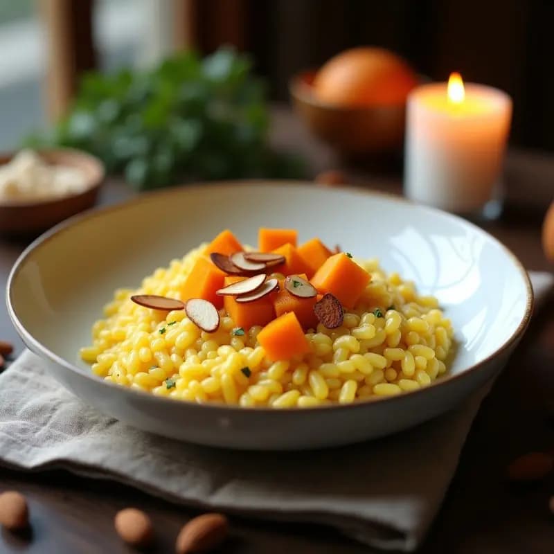 Risotto de Azafrán con Calabaza y Queso de Almendras: Plato Italiano Cremaoso y Sin Lácteos