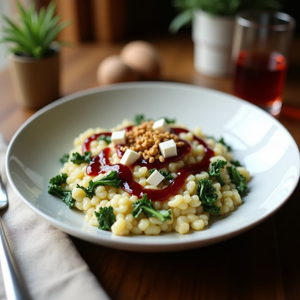 Risotto de Col Rizada y Queso de Cabra con Vinagreta de Arándanos: Receta Cremosa Sin Lactosa en 20 Minutos