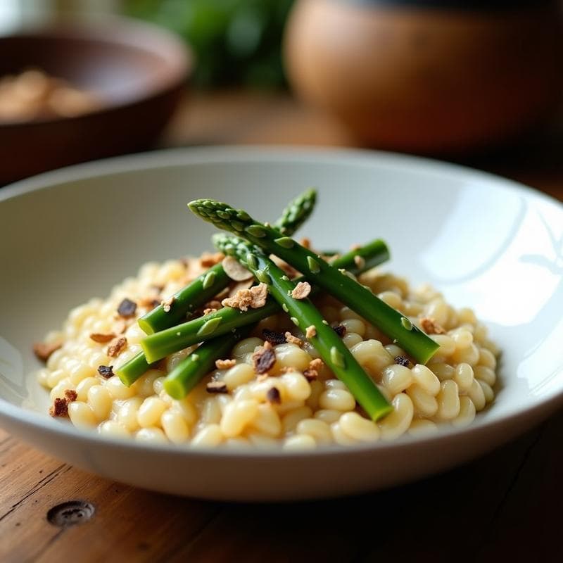 Risotto de Espelta con Espárragos Verdes y Trufa Negra: Receta Italiana Sin Lactosa en Olla Express
