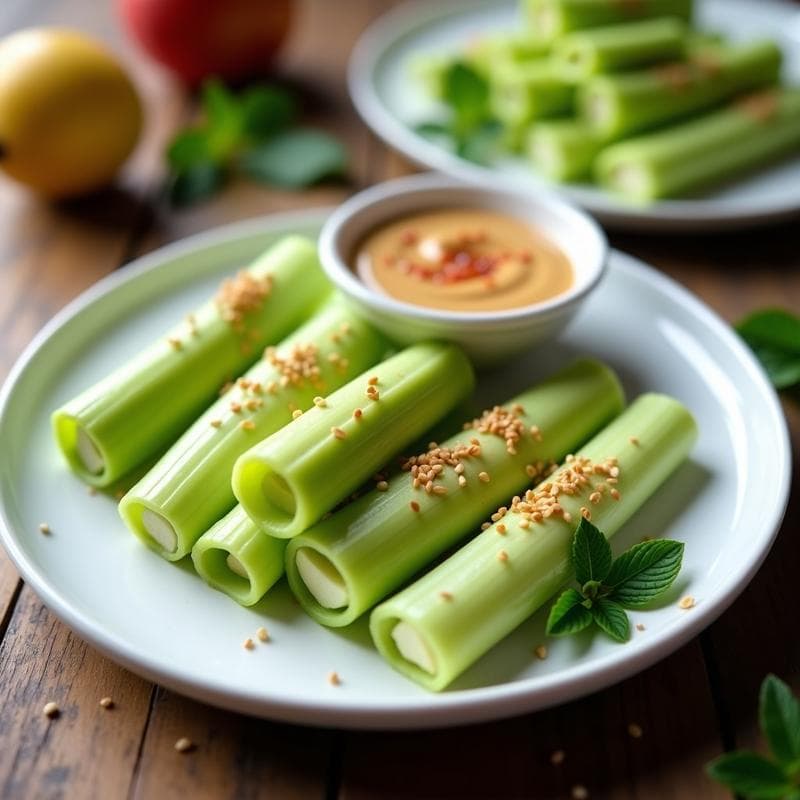 Rollitos de Apio y Manzana con Salsa de Cacahuete y Chile: Aperitivo Crudivegano en 5 Minutos