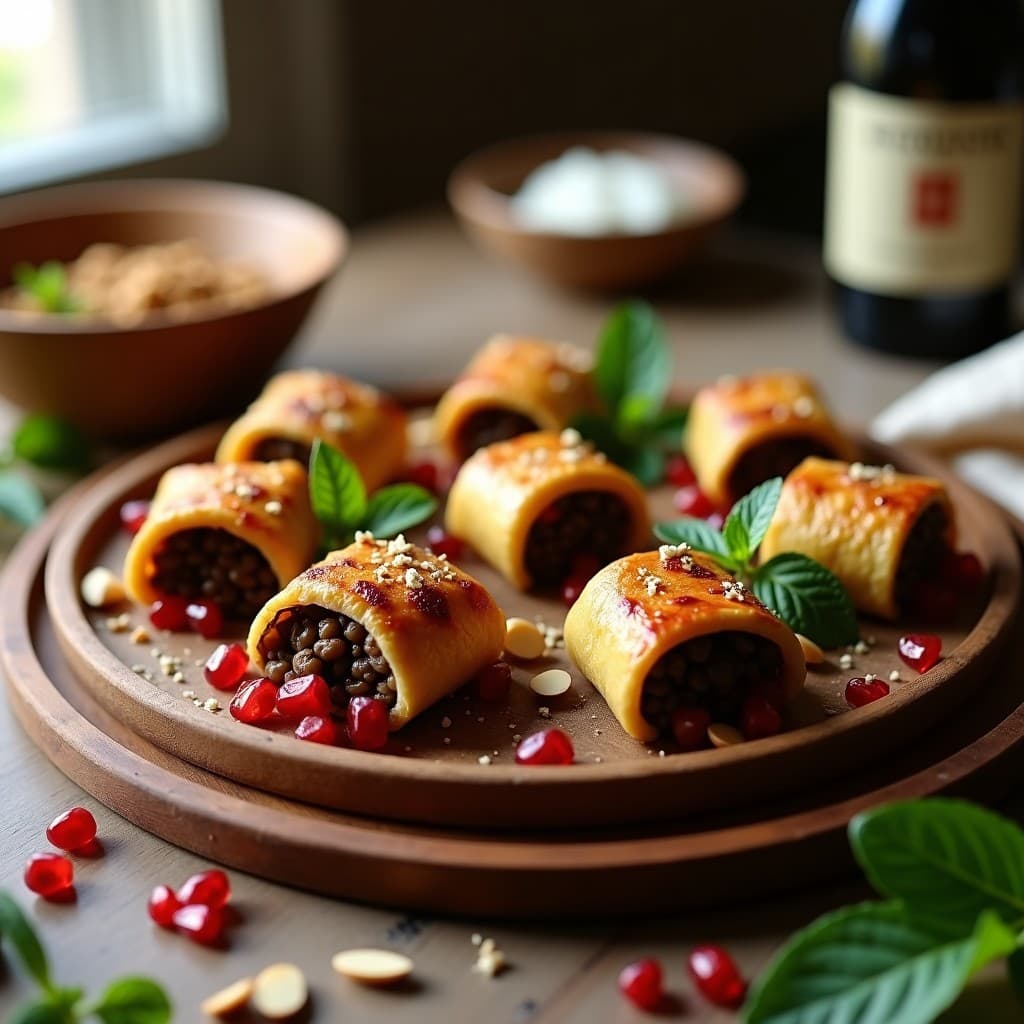 Rollitos de Berenjena con Relleno de Lentejas Beluga y Granada: Aperitivo Vegano Crujiente