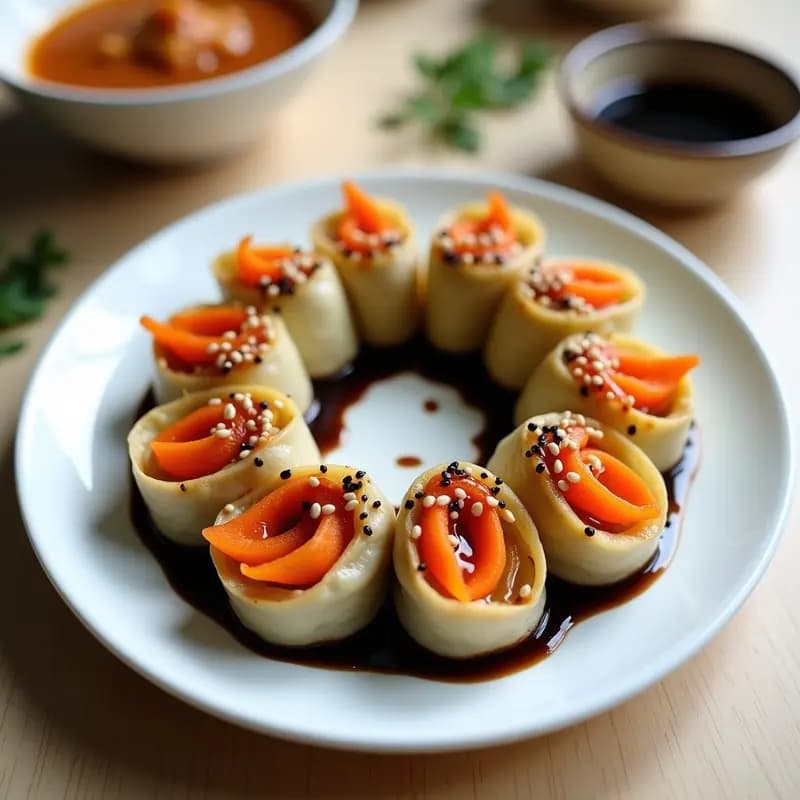 Rollitos de Col Fermentada y Zanahoria con Aderezo de Sésamo Negro: Receta Coreana Probiótica