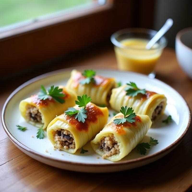 Rollitos de Col Rellena de Quinoa y Hongos Portobello con Salsa de Mostaza y Miel: Receta Alemana Vegana
