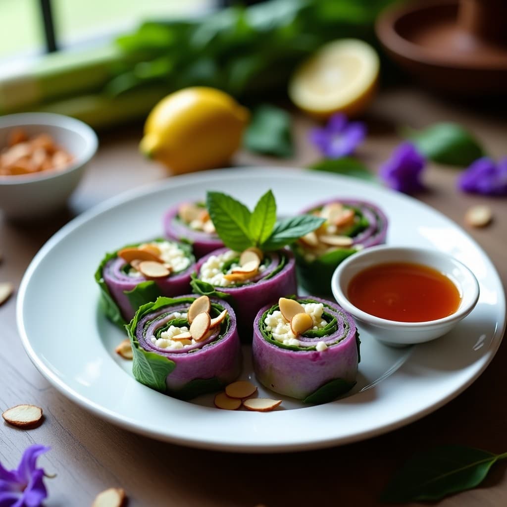 Rollitos de Higherba (Hierba Morada) y Queso de Cabra: Aperitivo Thai con Salsa de Tamarindo