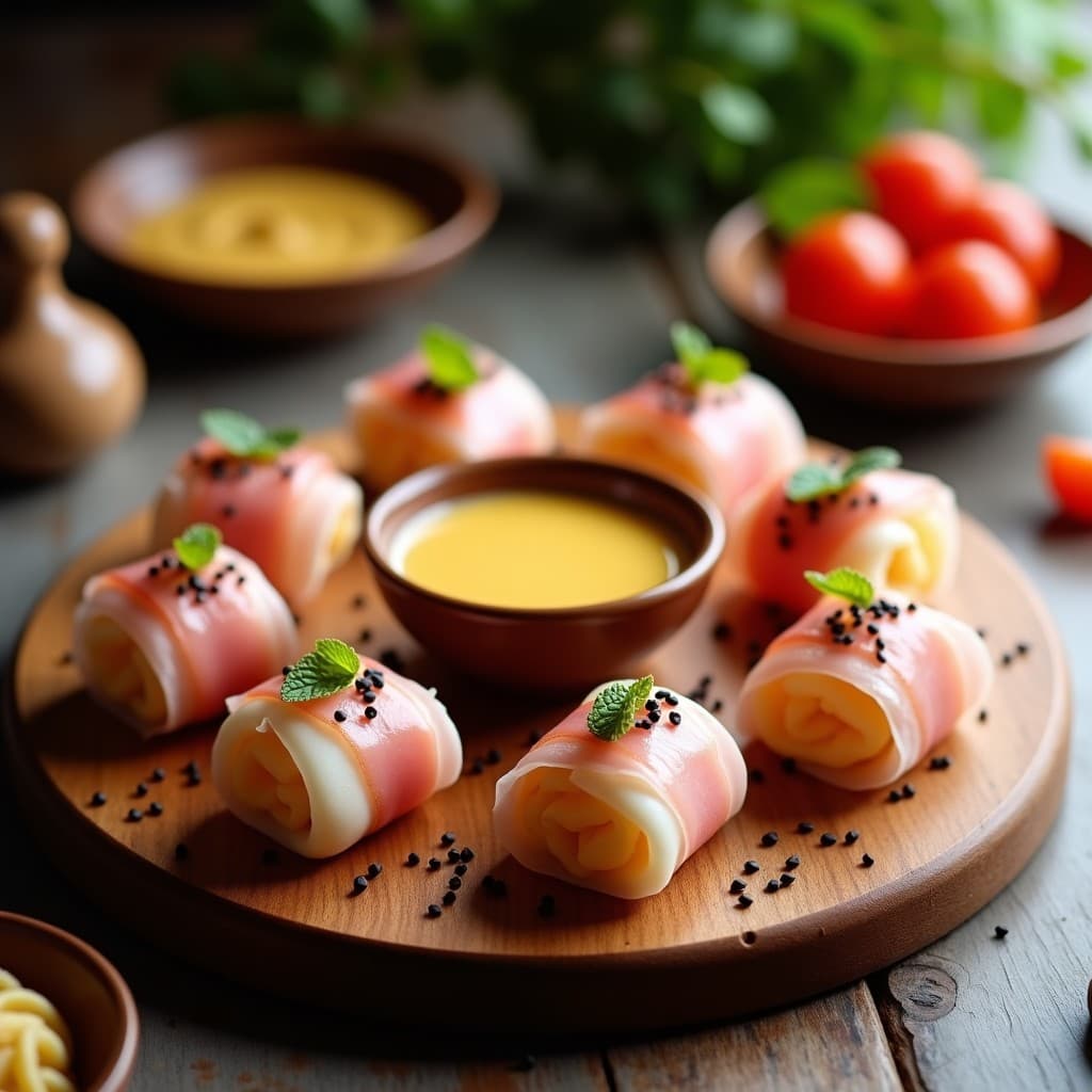 Rollitos de Litchi y Jamón York con Salsa de Miel y Mostaza: Aperitivo Chino Dulce-Salado